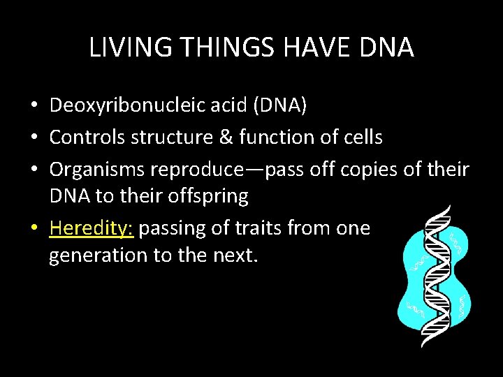 LIVING THINGS HAVE DNA • Deoxyribonucleic acid (DNA) • Controls structure & function of