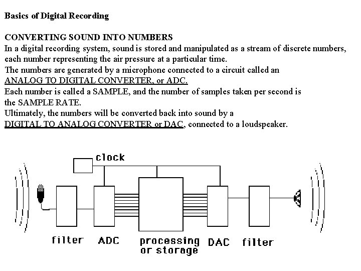 Basics of Digital Recording CONVERTING SOUND INTO NUMBERS In a digital recording system, sound