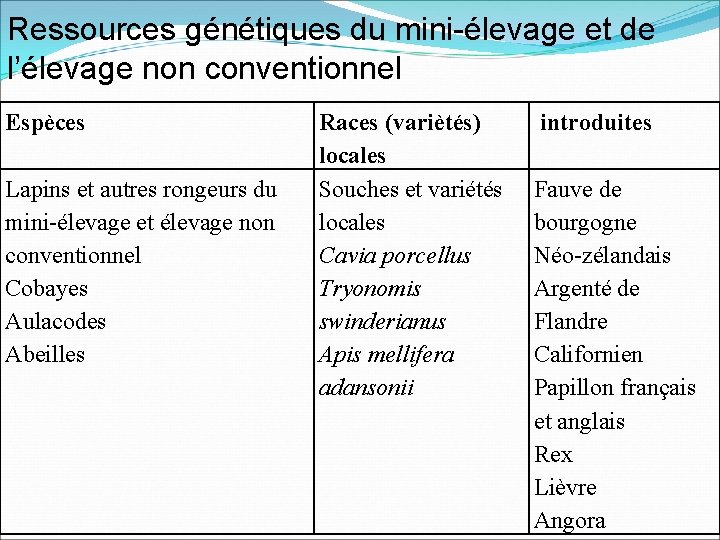 Ressources génétiques du mini-élevage et de l’élevage non conventionnel Espèces Lapins et autres rongeurs