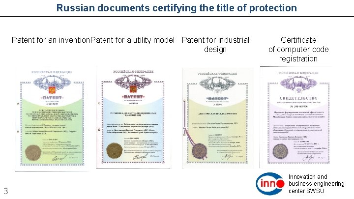 Russian documents certifying the title of protection Patent for an invention. Patent for a