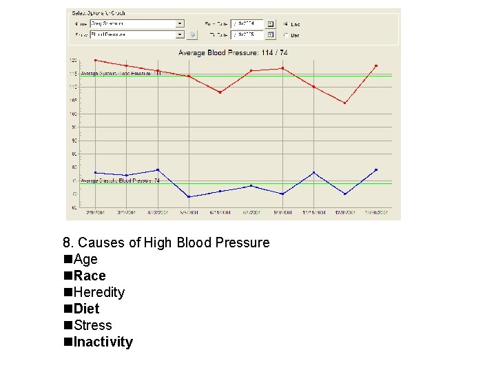 8. Causes of High Blood Pressure Age Race Heredity Diet Stress Inactivity 