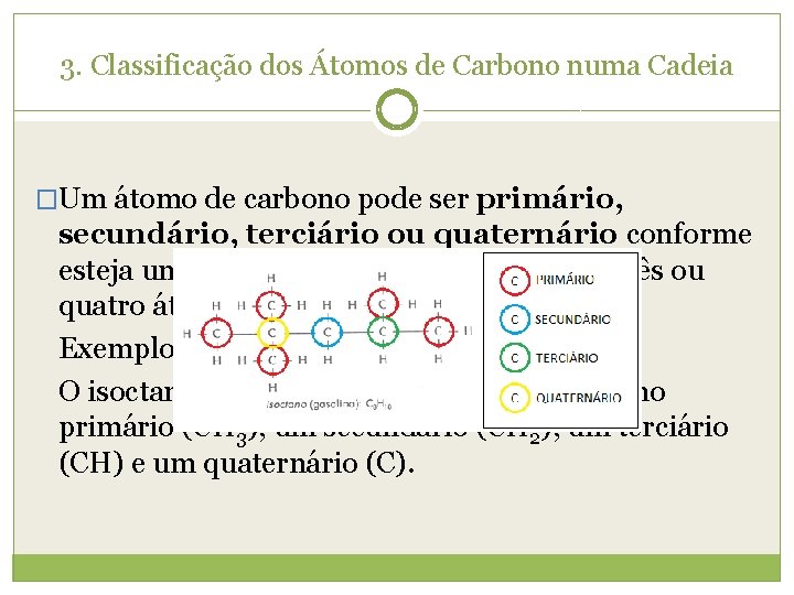 3. Classificação dos Átomos de Carbono numa Cadeia �Um átomo de carbono pode ser 3. Classificação dos Átomos de Carbono numa Cadeia �Um átomo de carbono pode ser