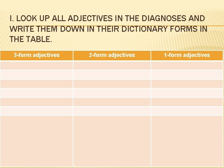 I. LOOK UP ALL ADJECTIVES IN THE DIAGNOSES AND WRITE THEM DOWN IN THEIR