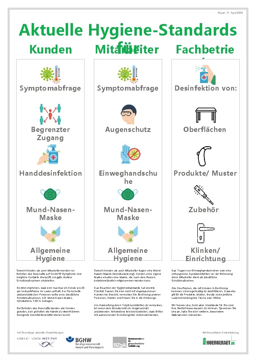 Stand: 17. April 2020 Aktuelle Hygiene-Standards Kunden Mitarbeiter Fachbetrie für b Symptomabfrage Desinfektion von: