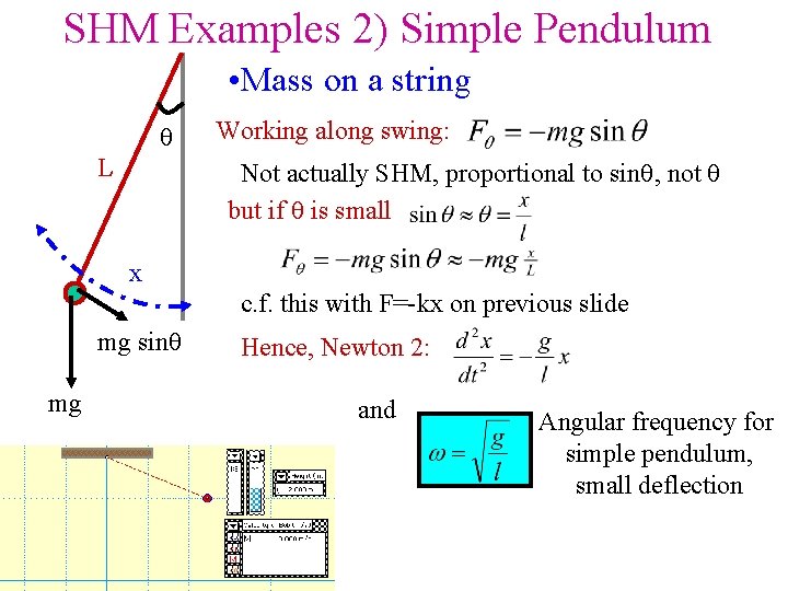 SHM Examples 2) Simple Pendulum • Mass on a string L Working along swing: