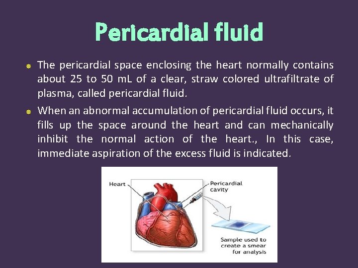 Pericardial fluid The pericardial space enclosing the heart normally contains about 25 to 50