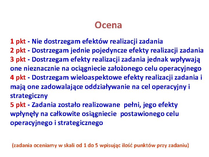 Ocena 1 pkt - Nie dostrzegam efektów realizacji zadania 2 pkt - Dostrzegam jednie