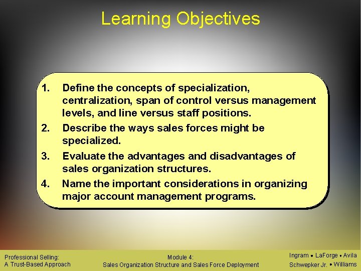 Learning Objectives 1. 2. 3. 4. Define the concepts of specialization, centralization, span of