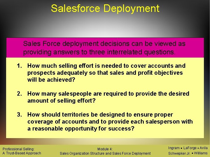 Salesforce Deployment Sales Force deployment decisions can be viewed as providing answers to three