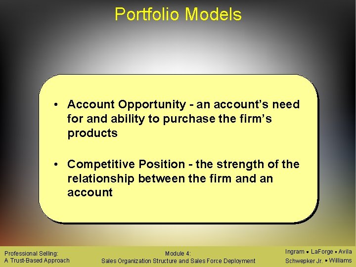 Portfolio Models • Account Opportunity - an account’s need for and ability to purchase