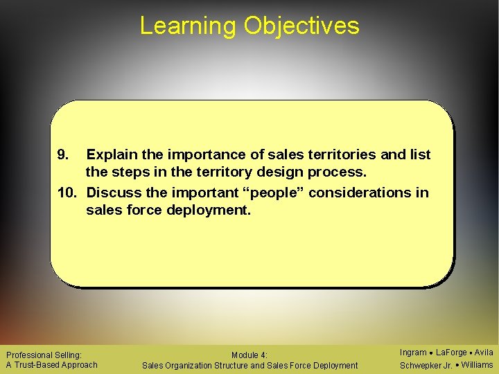 Learning Objectives 9. Explain the importance of sales territories and list the steps in