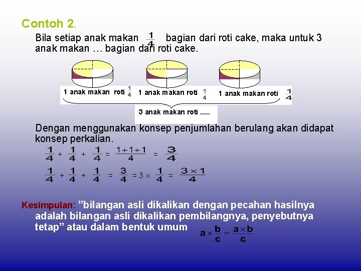 Contoh 2. Bila setiap anak makan bagian dari roti cake, maka untuk 3 anak