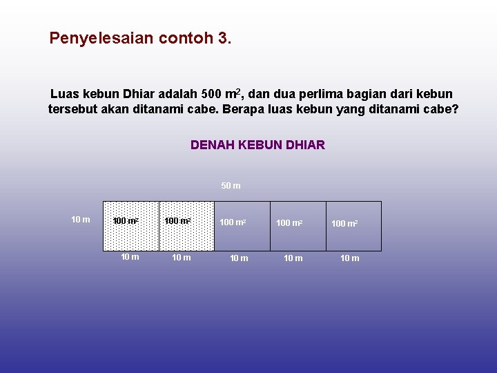 Penyelesaian contoh 3. Luas kebun Dhiar adalah 500 m 2, dan dua perlima bagian