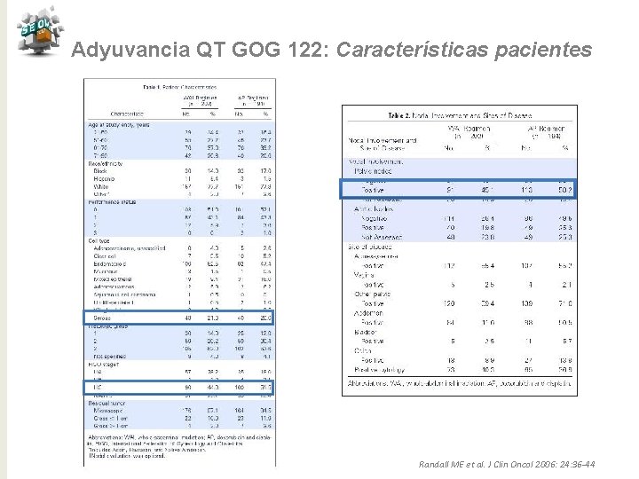 Adyuvancia QT GOG 122: Características pacientes Randall ME et al. J Clin Oncol 2006: