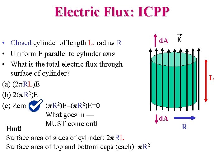 Electric Flux: ICPP • Closed cylinder of length L, radius R • Uniform E