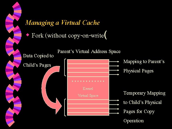 Managing a Virtual Cache w Fork (without copy-on-write( Data Copied to Child’s Pages Parent’s