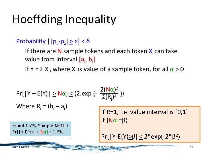 Hoeffding Inequality • Fraud 1. 7%, Sample N=100 Pr[|Y-E(Y)| > Nα] < 0. 6%
