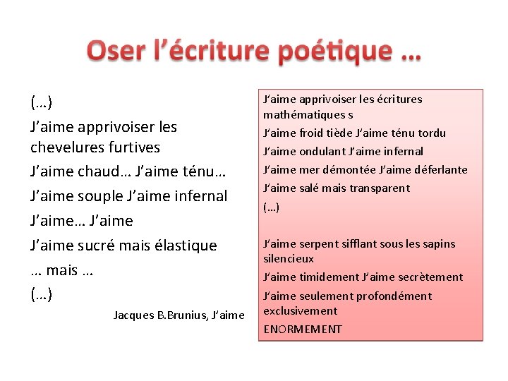 (…) J’aime apprivoiser les chevelures furtives J’aime chaud… J’aime ténu… J’aime souple J’aime infernal