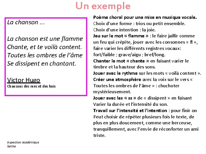 Un exemple La chanson. . . La chanson est une flamme Chante, et te