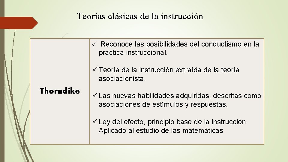 Teorías clásicas de la instrucción ü Reconoce las posibilidades del conductismo en la practica