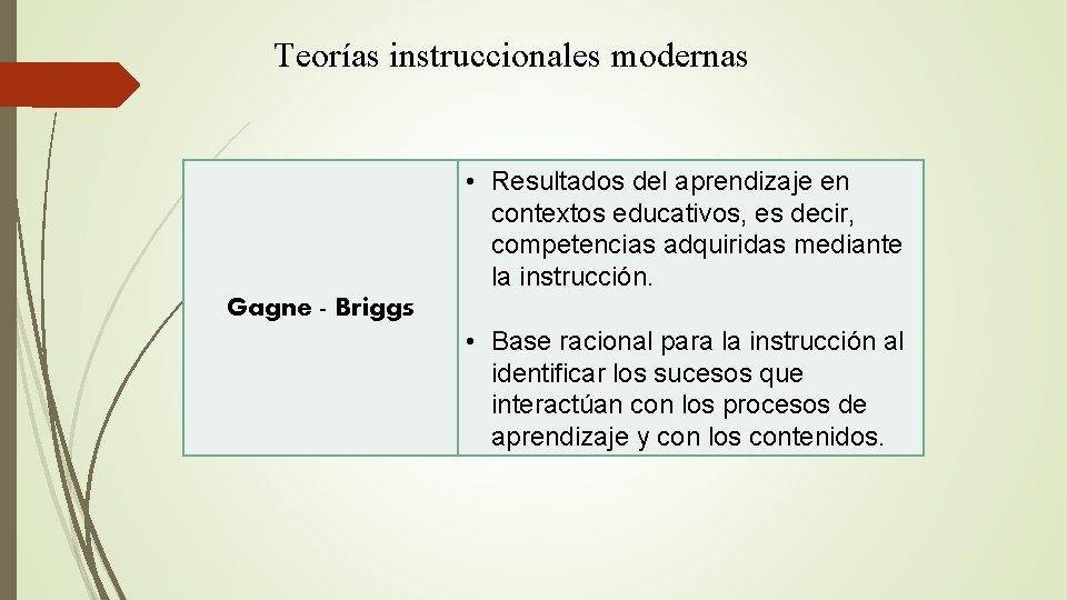 Teorías instruccionales modernas • Resultados del aprendizaje en contextos educativos, es decir, competencias adquiridas