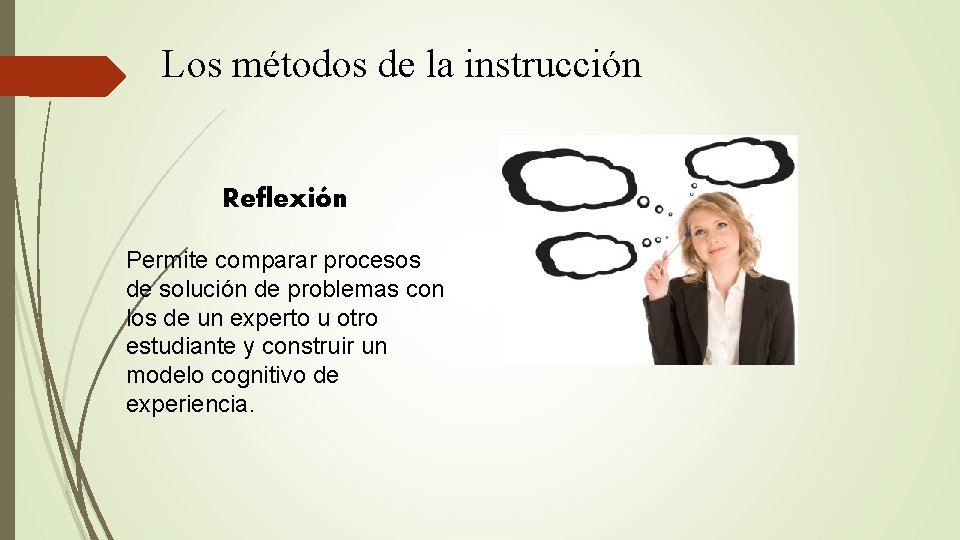 Los métodos de la instrucción Reflexión Permite comparar procesos de solución de problemas con