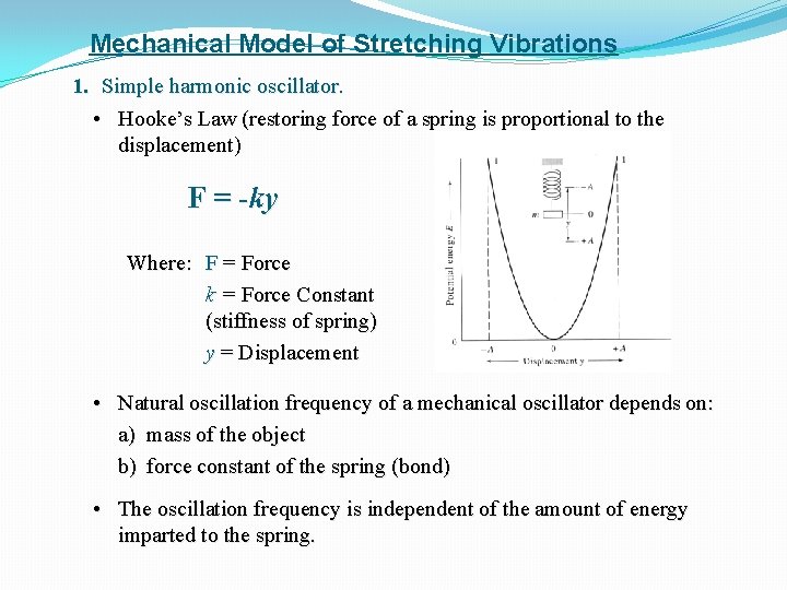 Mechanical Model of Stretching Vibrations 1. Simple harmonic oscillator. • Hooke’s Law (restoring force