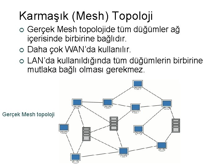 Karmaşık (Mesh) Topoloji ¢ ¢ ¢ Gerçek Mesh topolojide tüm düğümler ağ içerisinde birbirine
