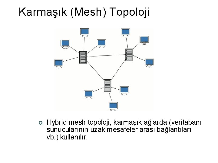 Karmaşık (Mesh) Topoloji ¢ Hybrid mesh topoloji, karmaşık ağlarda (veritabanı sunucularının uzak mesafeler arası