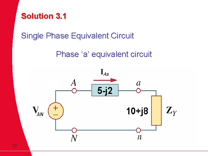 Solution 3. 1 Single Phase Equivalent Circuit Phase ‘a’ equivalent circuit 22 