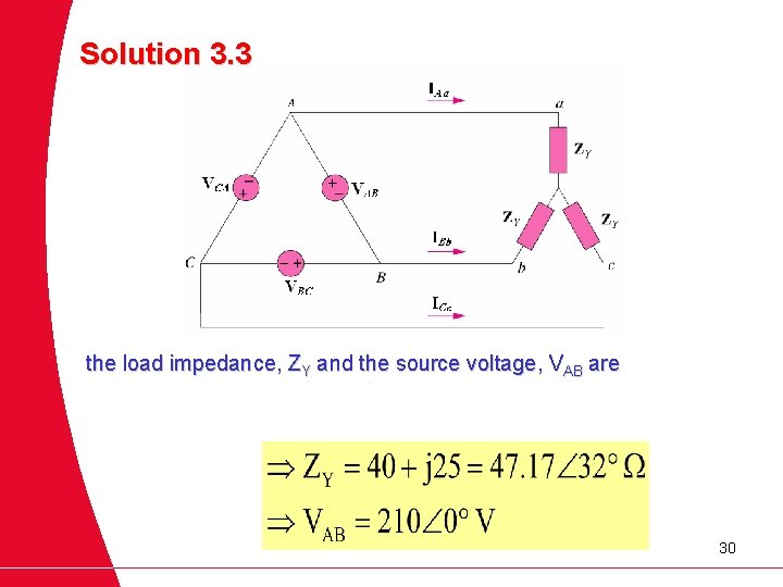 Solution 3. 3 the load impedance, ZY and the source voltage, VAB are 30