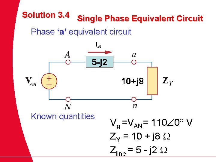 Solution 3. 4 Single Phase Equivalent Circuit Phase ‘a’ equivalent circuit Known quantities Vg