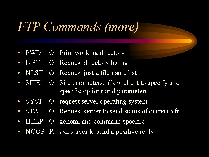 FTP Commands (more) • • PWD LIST NLST SITE O O • • SYST