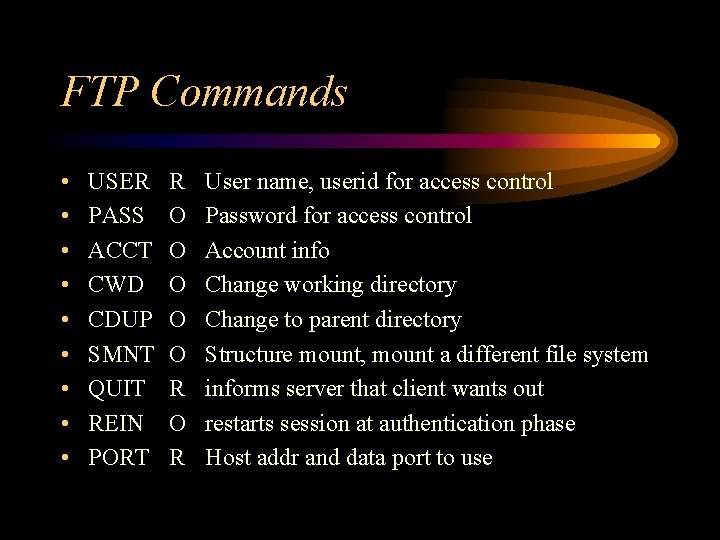 FTP Commands • • • USER PASS ACCT CWD CDUP SMNT QUIT REIN PORT