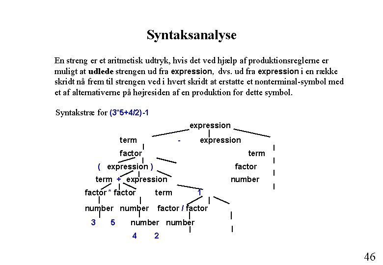 Syntaksanalyse En streng er et aritmetisk udtryk, hvis det ved hjælp af produktionsreglerne er Syntaksanalyse En streng er et aritmetisk udtryk, hvis det ved hjælp af produktionsreglerne er