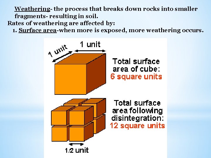 Weathering- the process that breaks down rocks into smaller fragments- resulting in soil. Rates
