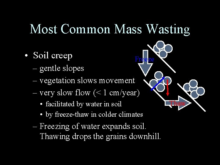 Most Common Mass Wasting • Soil creep Freeze – gentle slopes – vegetation slows