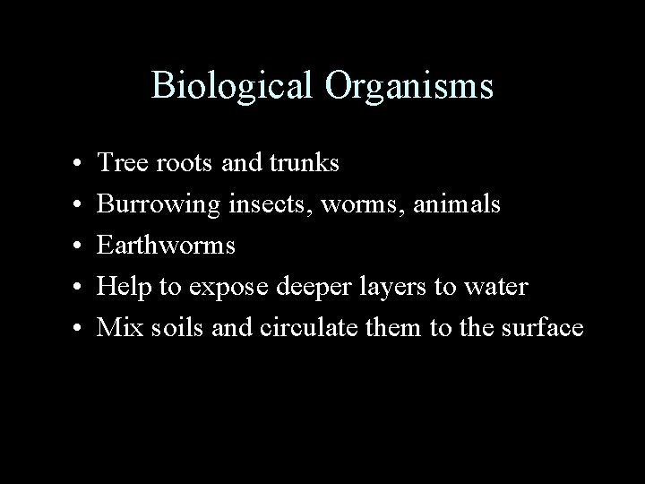 Biological Organisms • • • Tree roots and trunks Burrowing insects, worms, animals Earthworms