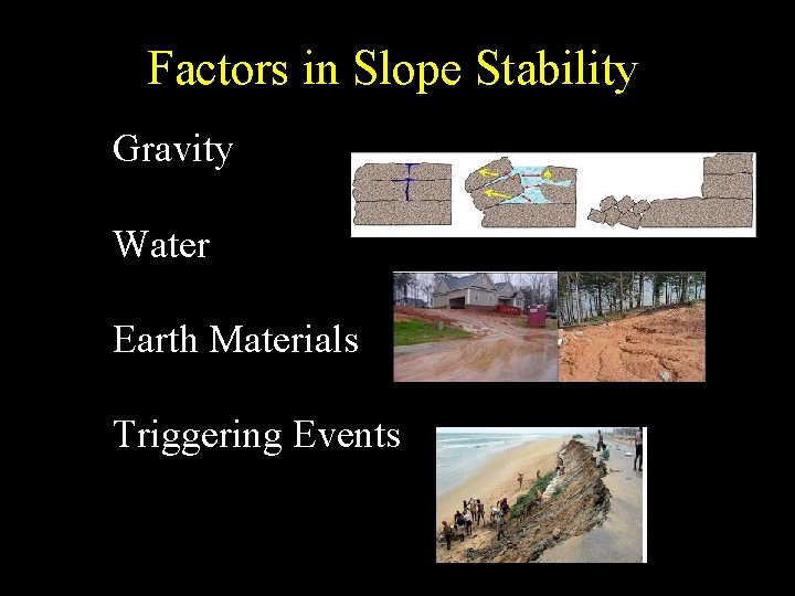 Factors in Slope Stability Gravity Water Earth Materials Triggering Events 