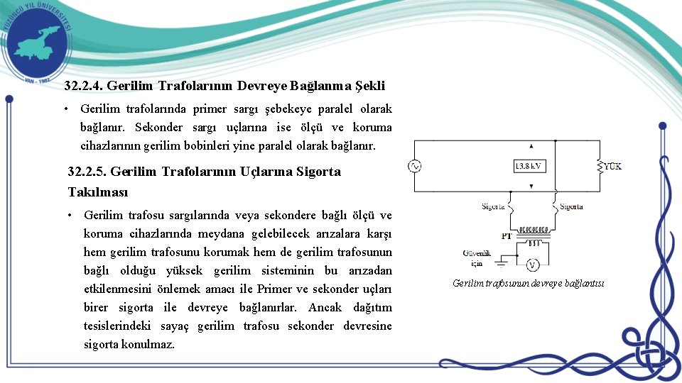 32. 2. 4. Gerilim Trafolarının Devreye Bağlanma Şekli • Gerilim trafolarında primer sargı şebekeye