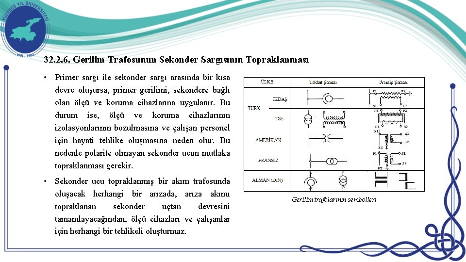 32. 2. 6. Gerilim Trafosunun Sekonder Sargısının Topraklanması • Primer sargı ile sekonder sargı