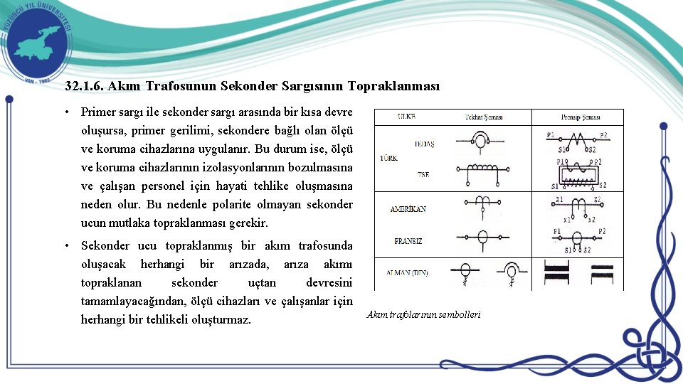 32. 1. 6. Akım Trafosunun Sekonder Sargısının Topraklanması • Primer sargı ile sekonder sargı