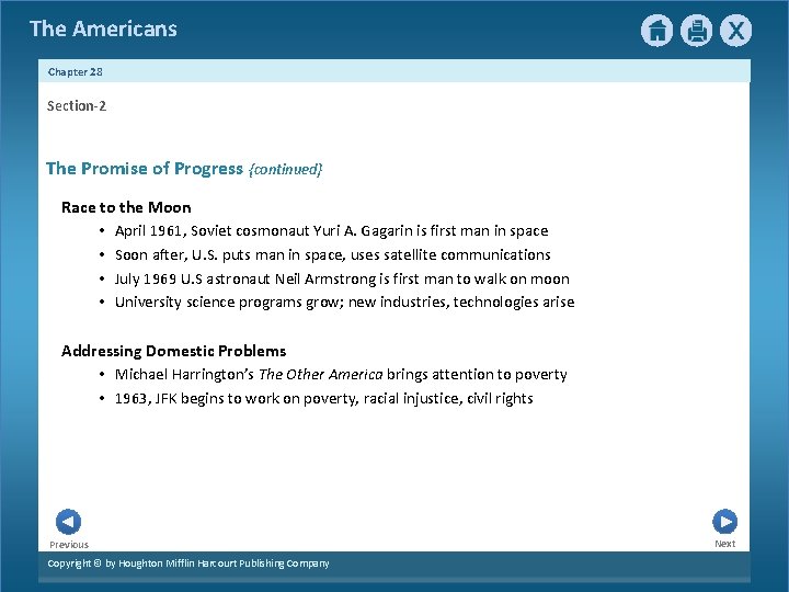 The Americans Chapter 28 Section-2 The Promise of Progress {continued} Race to the Moon