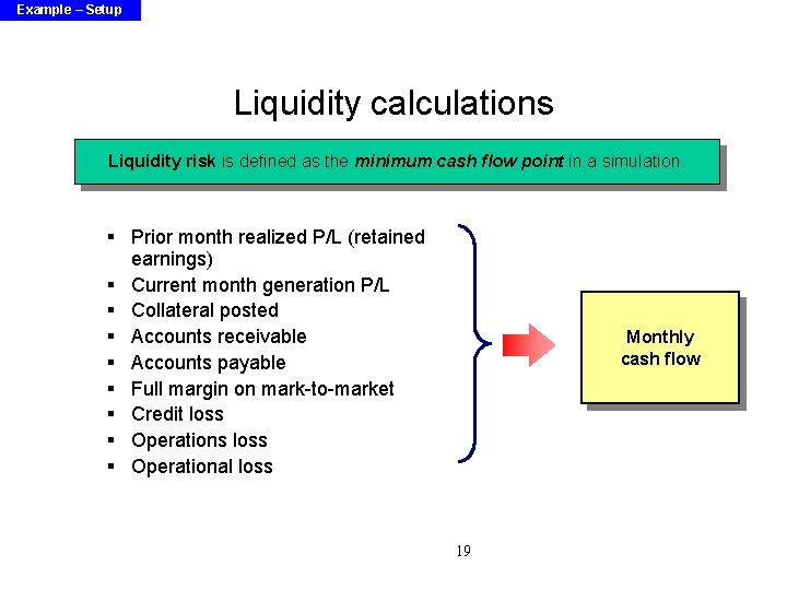 Example – Setup Liquidity calculations Liquidity risk is defined as the minimum cash flow