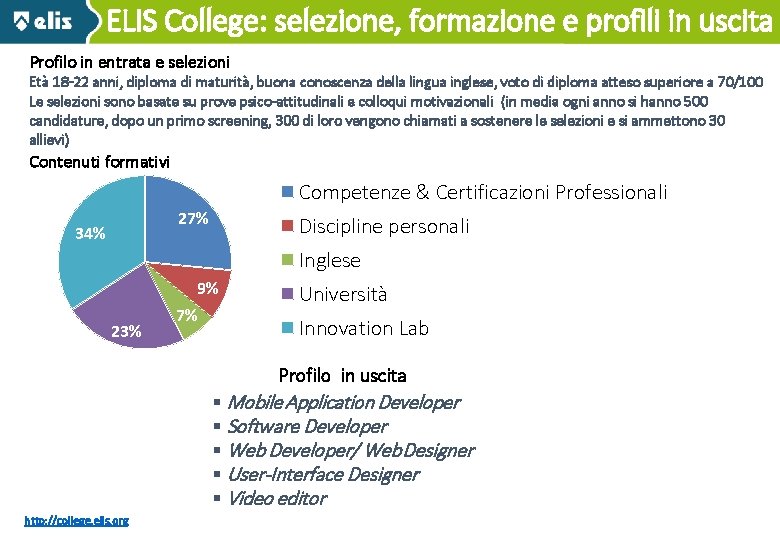 ELIS College: selezione, formazione e profili in uscita 15/01/14 Profilo in entrata e selezioni