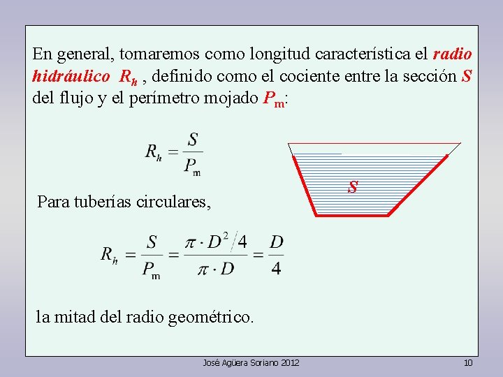En general, tomaremos como longitud característica el radio hidráulico Rh , definido como el