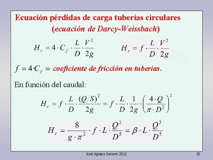 Ecuación pérdidas de carga tuberías circulares (ecuación de Darcy-Weissbach) coeficiente de fricción en tuberías.