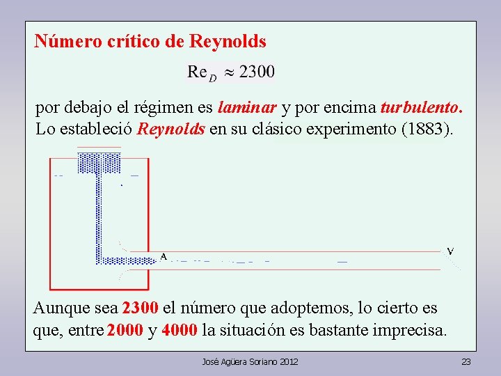 Número crítico de Reynolds por debajo el régimen es laminar y por encima turbulento.