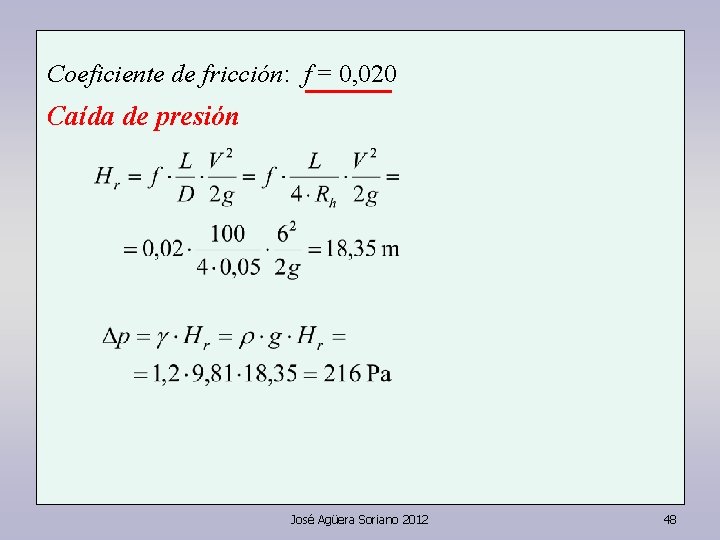 Coeficiente de fricción: f = 0, 020 Caída de presión José Agüera Soriano 2012