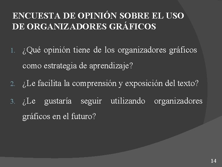 ENCUESTA DE OPINIÓN SOBRE EL USO DE ORGANIZADORES GRÁFICOS 1. ¿Qué opinión tiene de ENCUESTA DE OPINIÓN SOBRE EL USO DE ORGANIZADORES GRÁFICOS 1. ¿Qué opinión tiene de